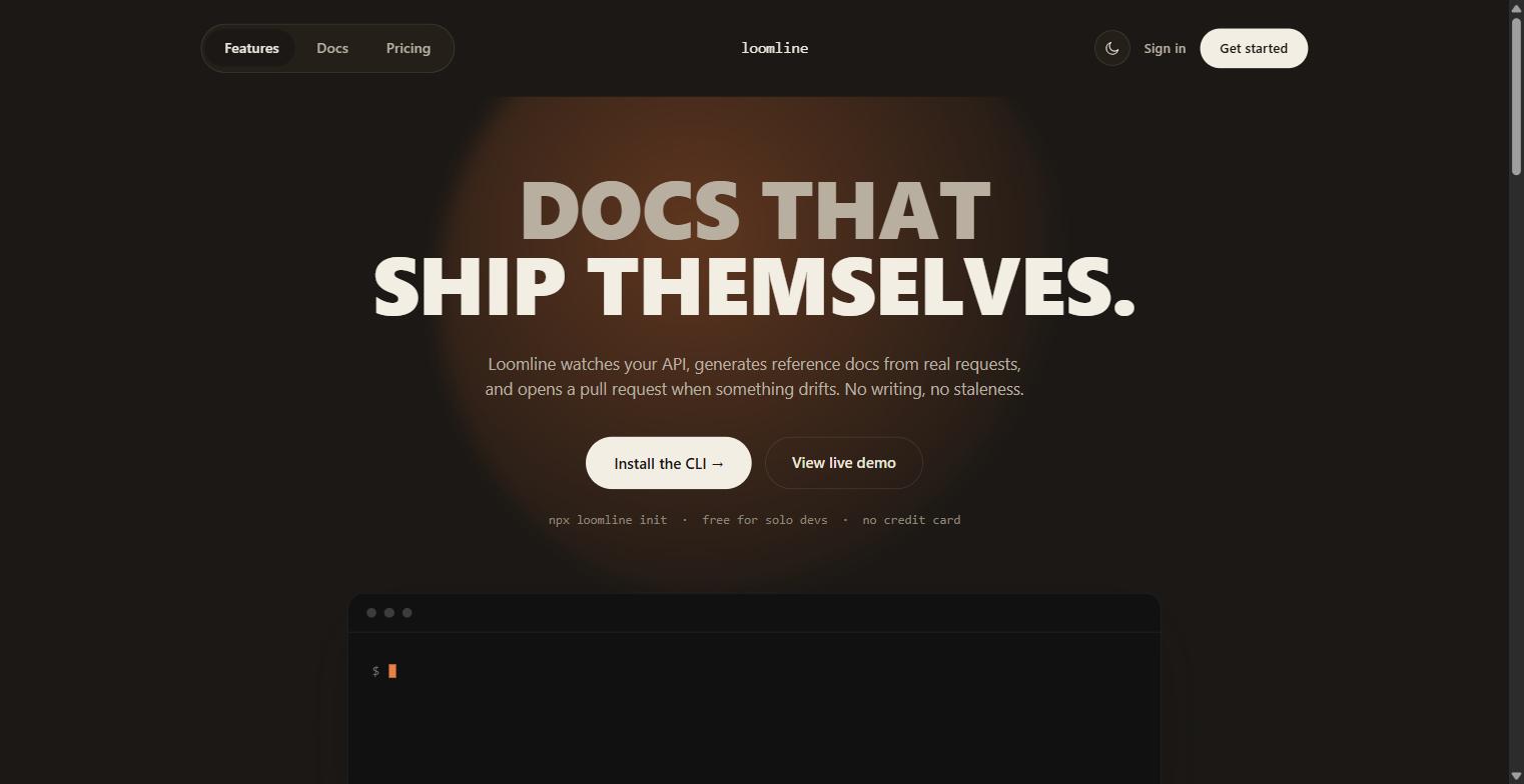 Loomline dev-tool landing page: a dark hero reading Docs that ship themselves, with an install-CLI command line