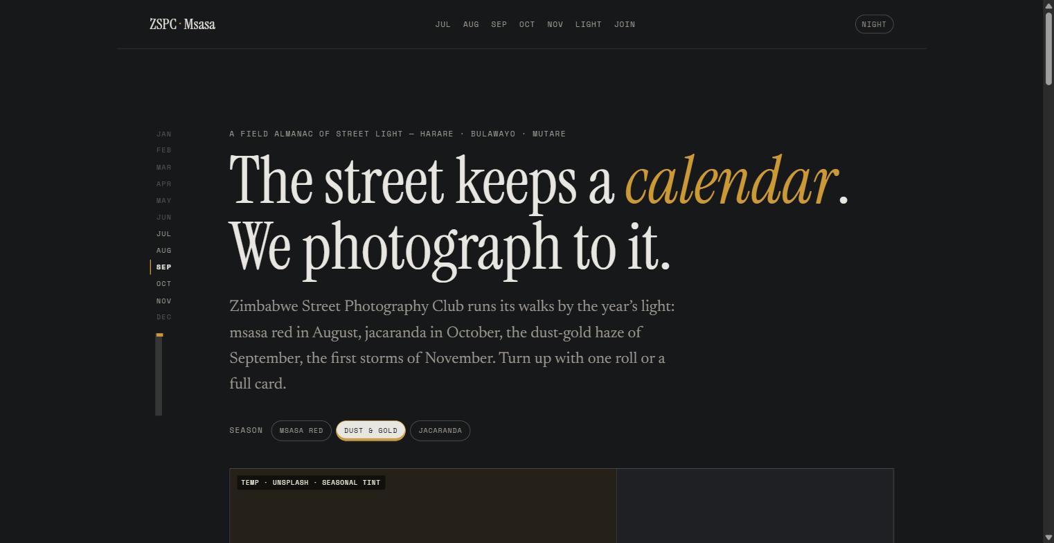 Zimbabwe Street Photography Club prototype in the seasonal-almanac direction: a serif headline over a twelve-month vertical spine navigator